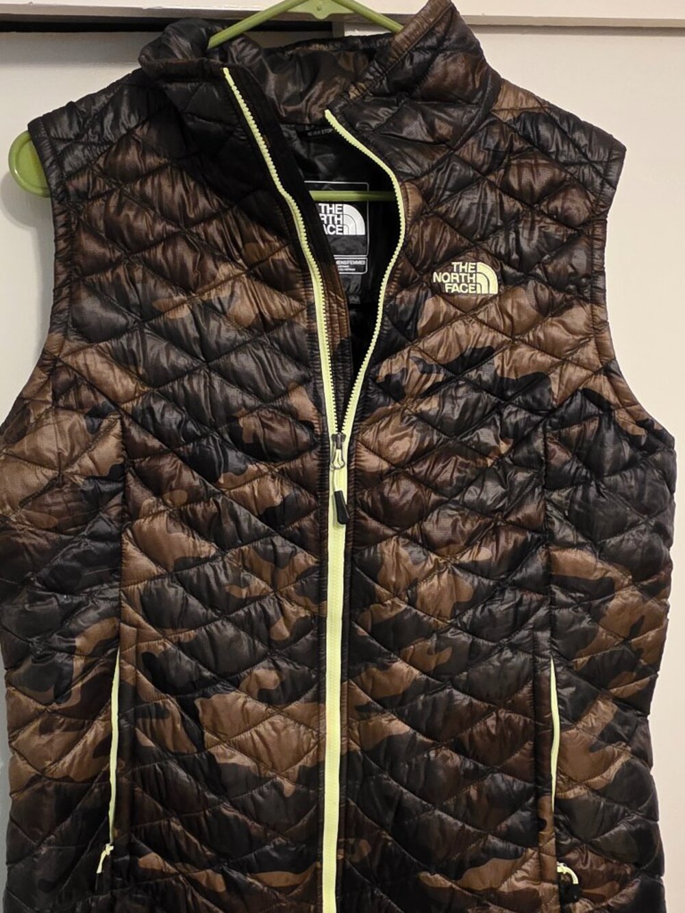 North Face ThermoBall Puffer Vest, camo/neon yellow zippers
